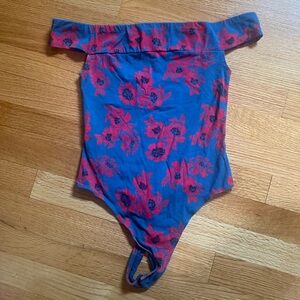 Free People Blue and Red Floral Bodysuit
